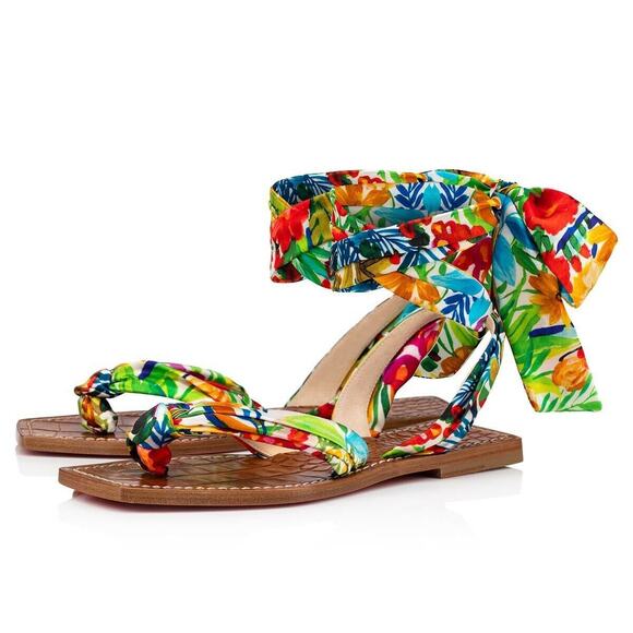 Christian Louboutin Niloofar Flat Satin Lace Up Tie Floral Multicolor Sandal 36 - Picture 1 of 12